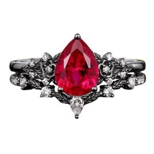 Pear Cut Ruby and Moissanite 2 piece Engagement Wedding Ring Set in Rhodium